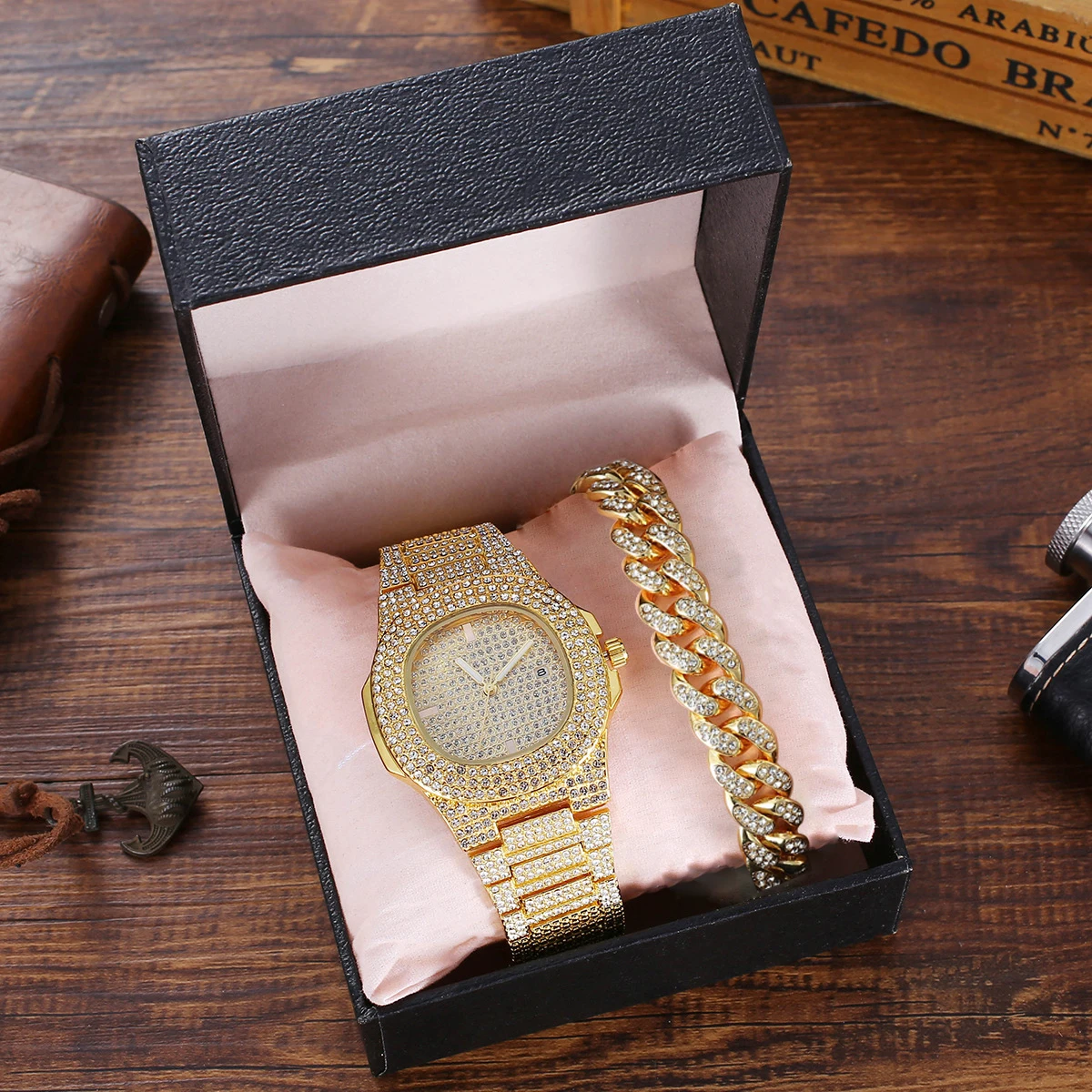 Hip Hop Gold Watch+bracelet +box Set Miami Curb Cuban Chain Iced Out Men Watches Luxury Wristwatch Diamond Clock Silver