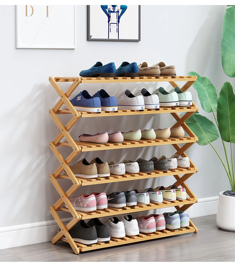 Space Saving Display Wood Foldable 2 Tiers 6 Pair Bamboo Wooden Shoe Rack