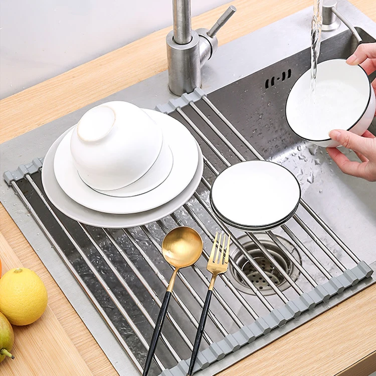 SANIPRO Kitchen Roll Up Folding Fruit Vegetable Dish Drain Mats 304 Stainless Steel Pot Holder Over the Sink Draining Rack