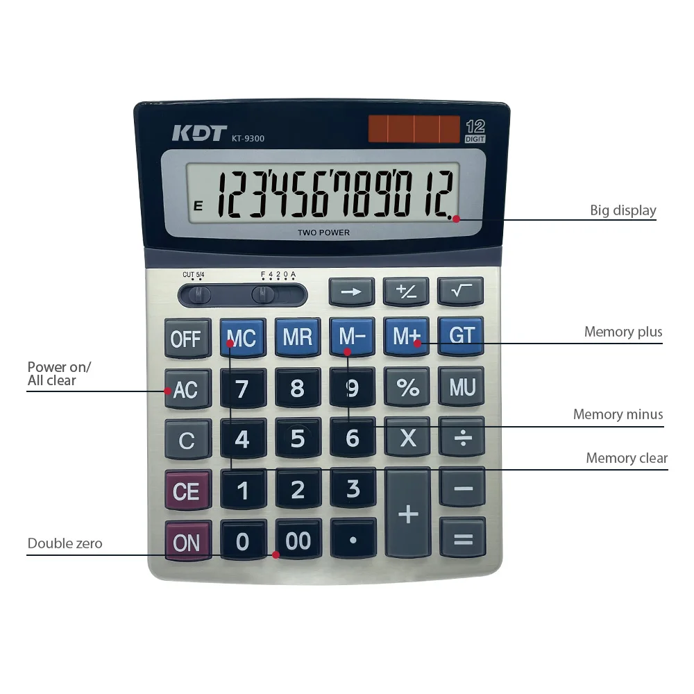 KT-9300 12 Digit Dual Power Desk Real Solar Energy Cheap Two Power Desktop Office Calculator Factory Supply Original Black