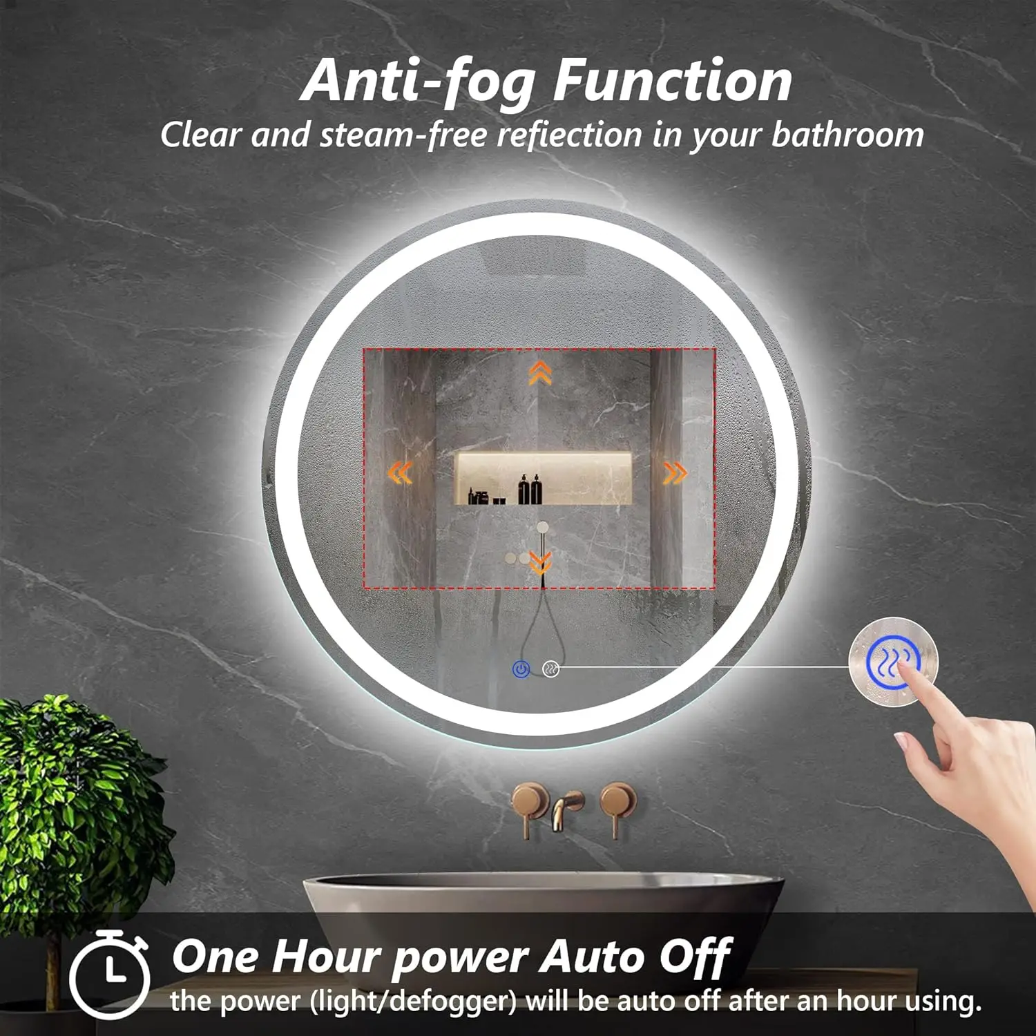 JH 24-Inch LED Lighted Bathroom Vanity Mirror Anti-Fog Smart Touch Wall Mounted with 3000K/4000K/6000K Adjustable Backlight Home