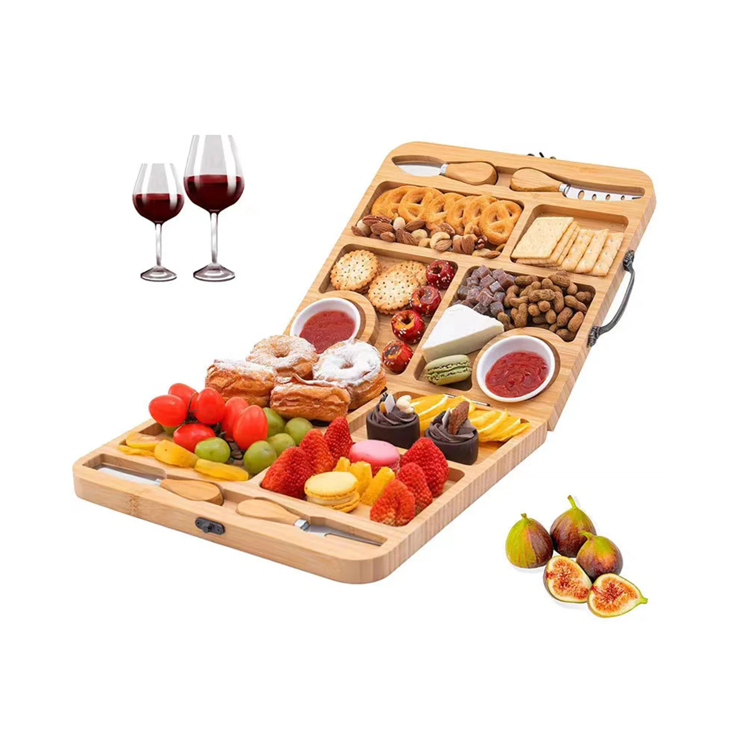 HUASHU Outdoor Bamboo Folding Portable Cheese Set Collapsible Charcuterie Board Set With 4Pcs Cheese Knifes