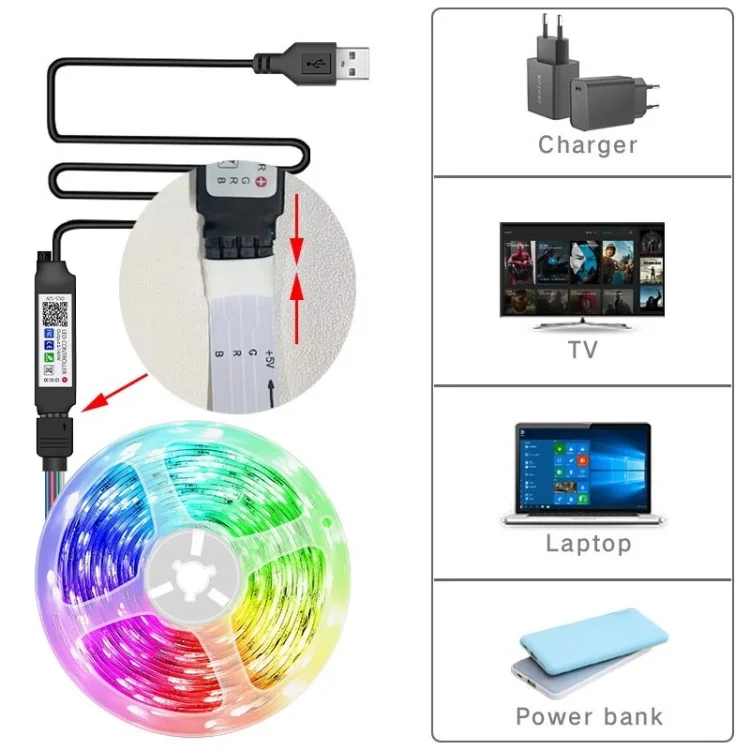 Tv Backlight 5050 Rgb 5V Flexible Kit Usb Led Strip 24 Key Ir Remote Controller and Bluetooth APP Music Sync 5m Led Strip Light