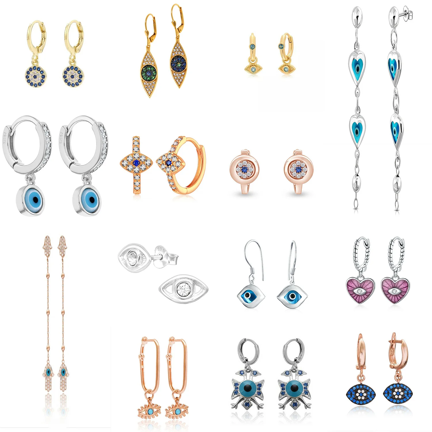 Wholesale Turkey Different Design Rattan Blue Oem Stud Baby Tiny Gold Plated Heart Hoop 925 Sterling Silver 14K Evil Eye Earring