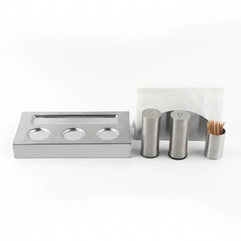 Customized Stainless Table Set With Napkin Holder Toothpick Pepper and salt pepper shaker set For Home And Restaurant
