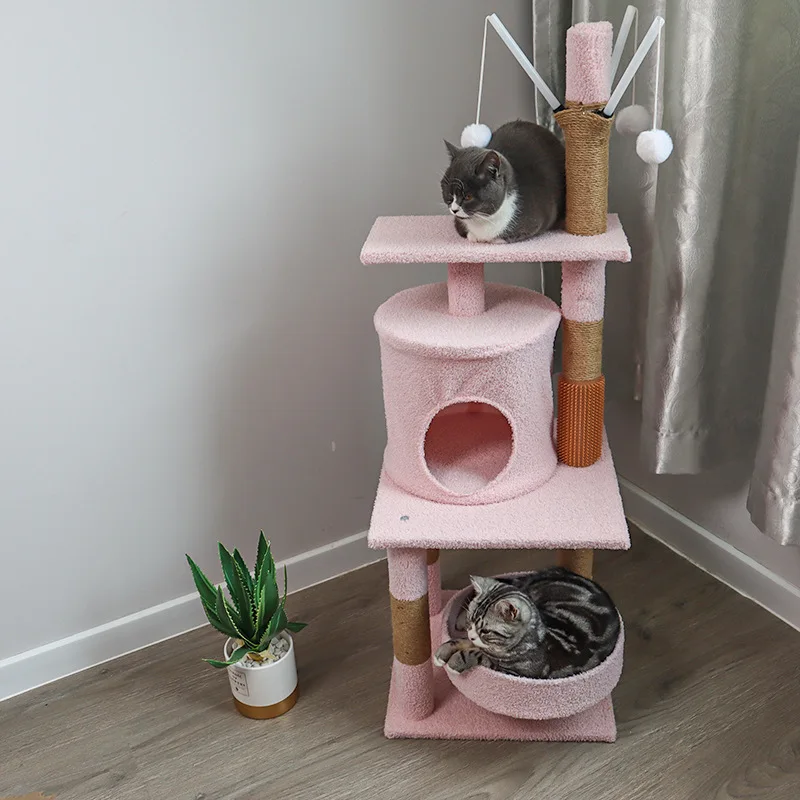 Multi Layer Pink Sisal+Teddy Velvet Soft Indoor Large Scratcher Tower Cat Tree House For Cat
