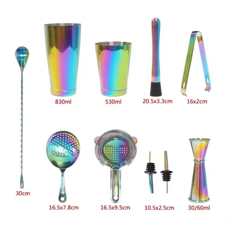 High Quality Unique Custom Logo Bar Colorful Plated Stainless Steel 10-piece Cocktail shaker set Bartender kit