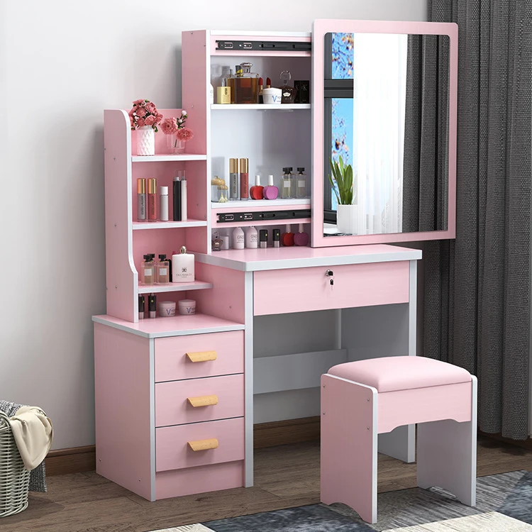pink vanity dressing table with stool bedroom furniture makeup vanity table set with Sliding mirror and light