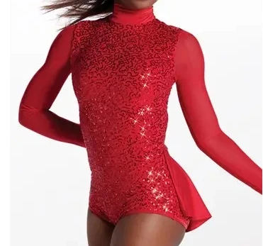 Women Spandex Metallic Turtleneck Dance Leotards Red Ballet Bodysuits beautiful sequin long sleeve leotard girls jazz costume