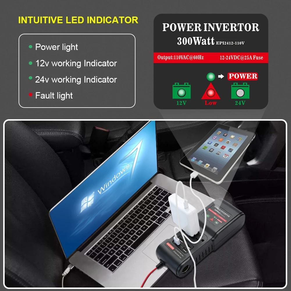 General vehicle dc ac inverter 12V 24V converted to 110V 300W 4USB interface 12V dc ac power inverter