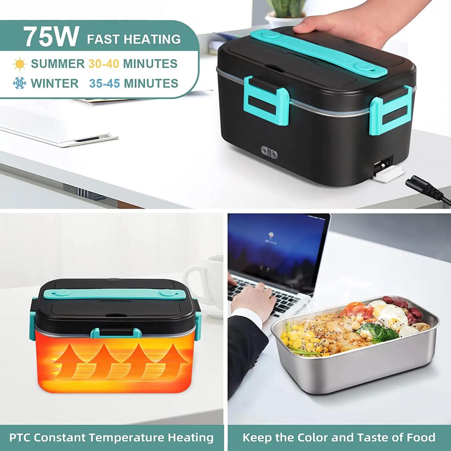 75W Electric Lunch Box Food Heater 1.8L Large Capacity heated Lunch Box Suitable for adult/work/car/office,3 in 1 lunch box