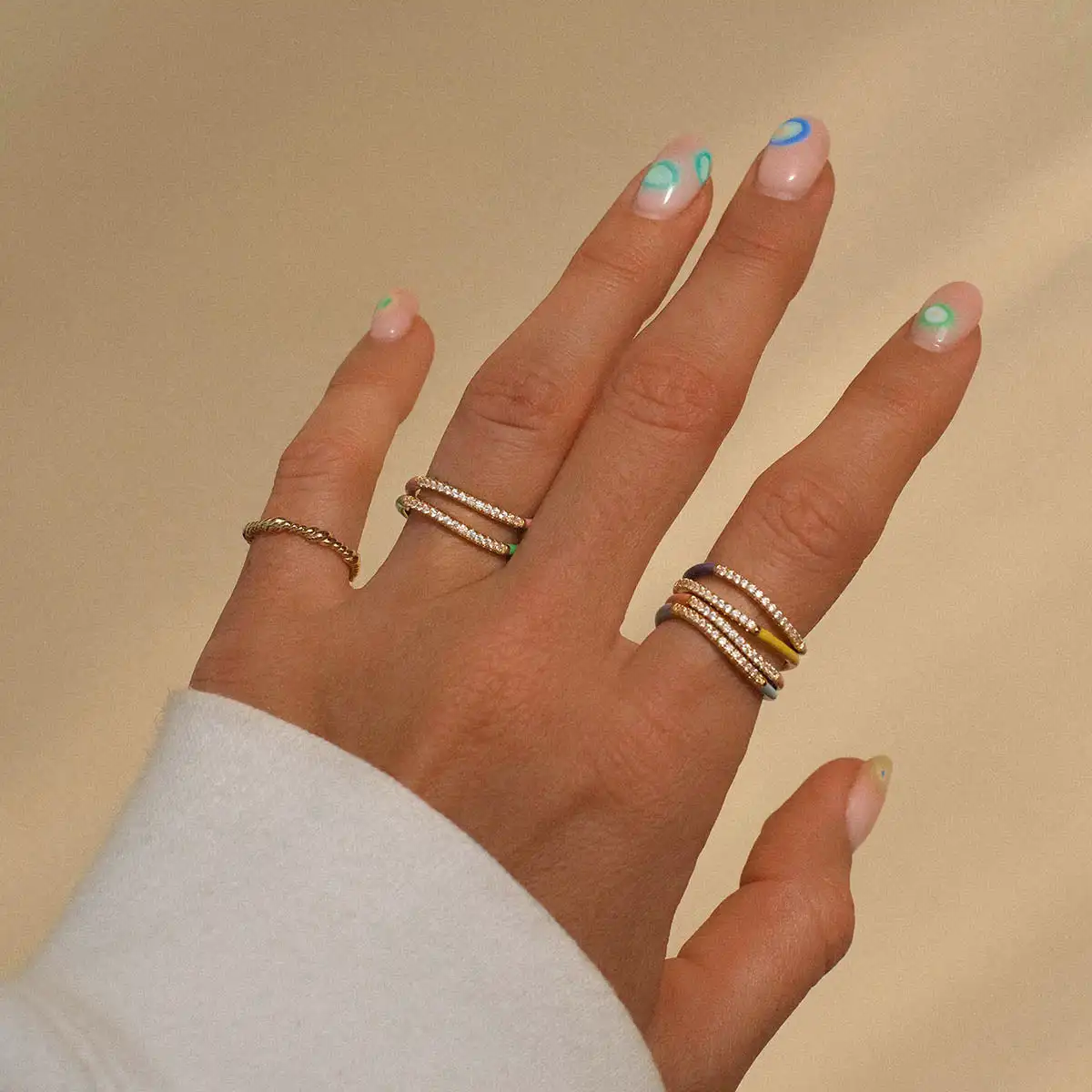 Delicate Gold Plated Fine Jewelry Micro Pave Cubic Zirconia Candy Rainbow Enamel Wave Stacking Ring For Women