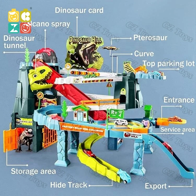 CZ Electrical Climbing Sliding Volcano Eruption Railcar Slot Car Vehicle Race Play Set Dinosaur Adventure with 8 Mini Cars
