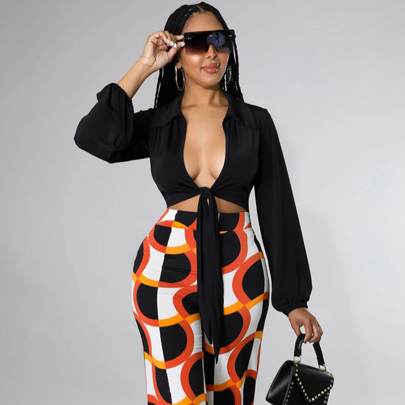 Casual Design Sense Polyester Printing 2022 Spring Clothes Tether Loose V-Neck Sexy Two Piece Set