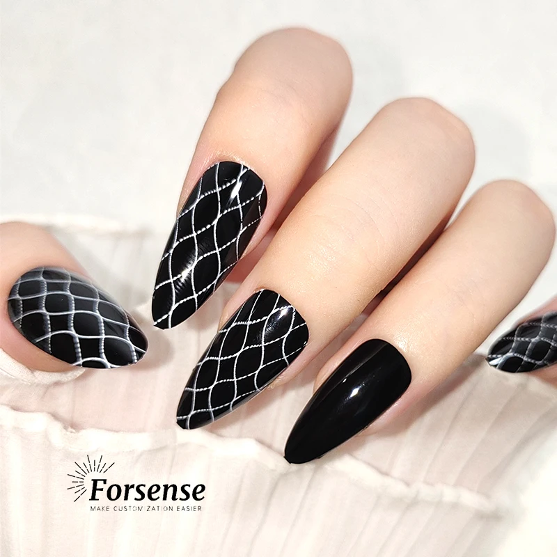 chic almond shape black press on nails women 24 pcs self-adhesive stiletto artificial finger press-on nail false nails with glue