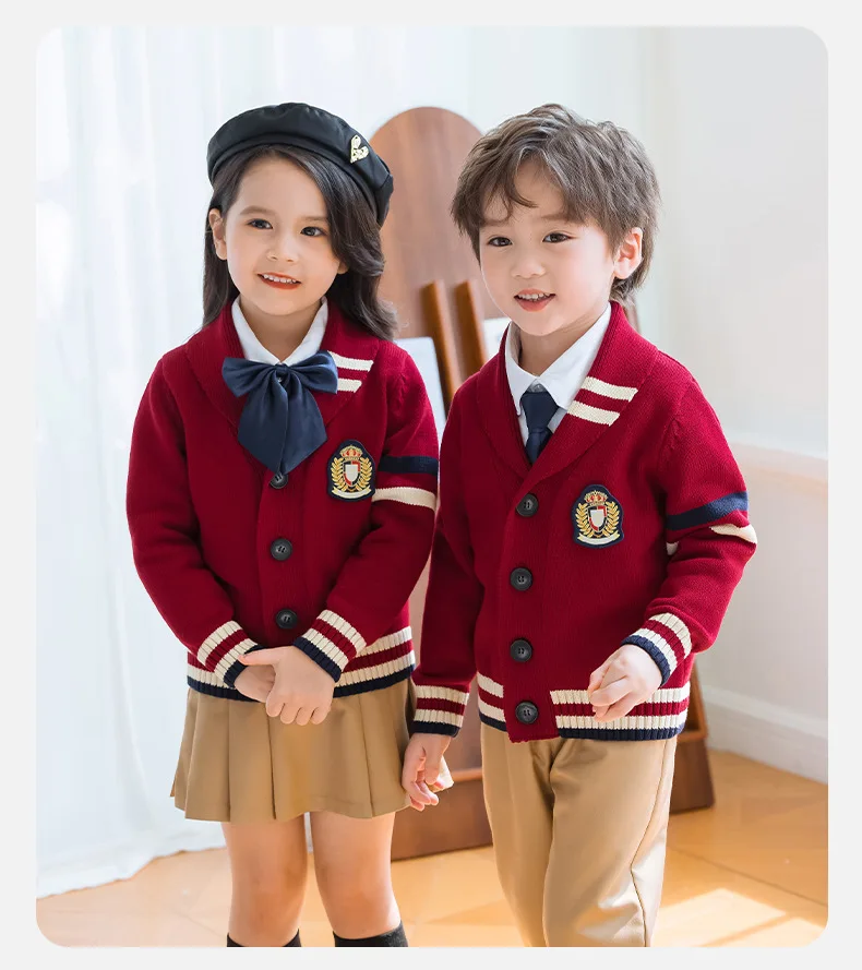 Factory Custom Kindergarten uniforms college varsity academy cardigan sweater set elementary school uniforms