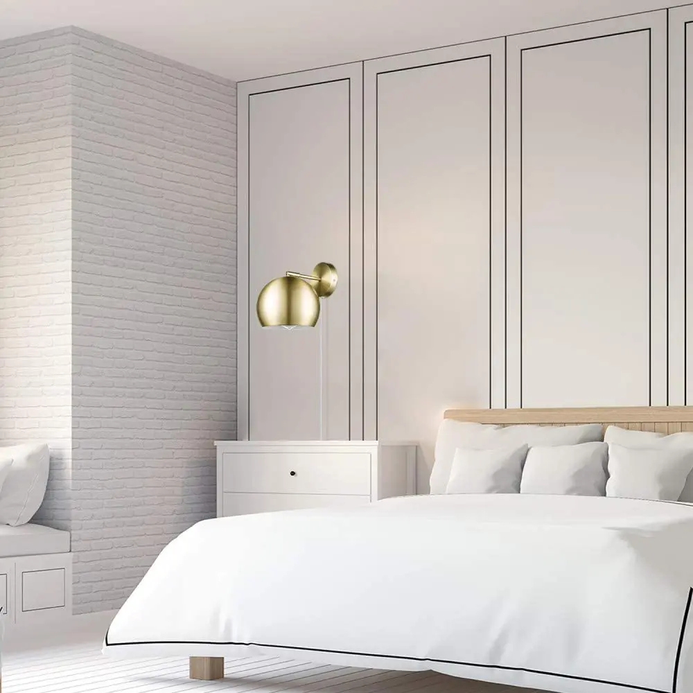 Globe 1-Light Plug-in Wall Sconce Hardwire Matte Brass White Fabric Cord In-Line On/Off Rocker Switch