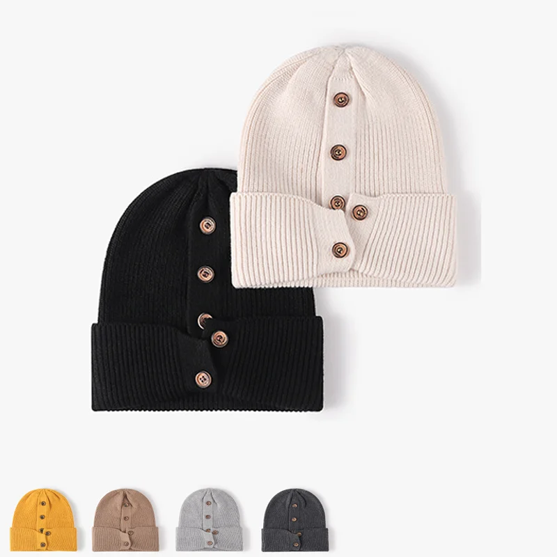 New warm beanie button design fashion travel ear protection wool knitted hat