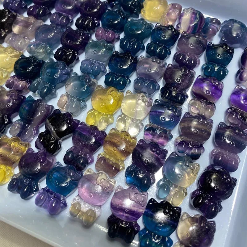 Оптовая продажа натуральный камень Хрустальный флюорит резьба кот драгоценный поделки украшения ручной работы удачи декоративный аксессуар