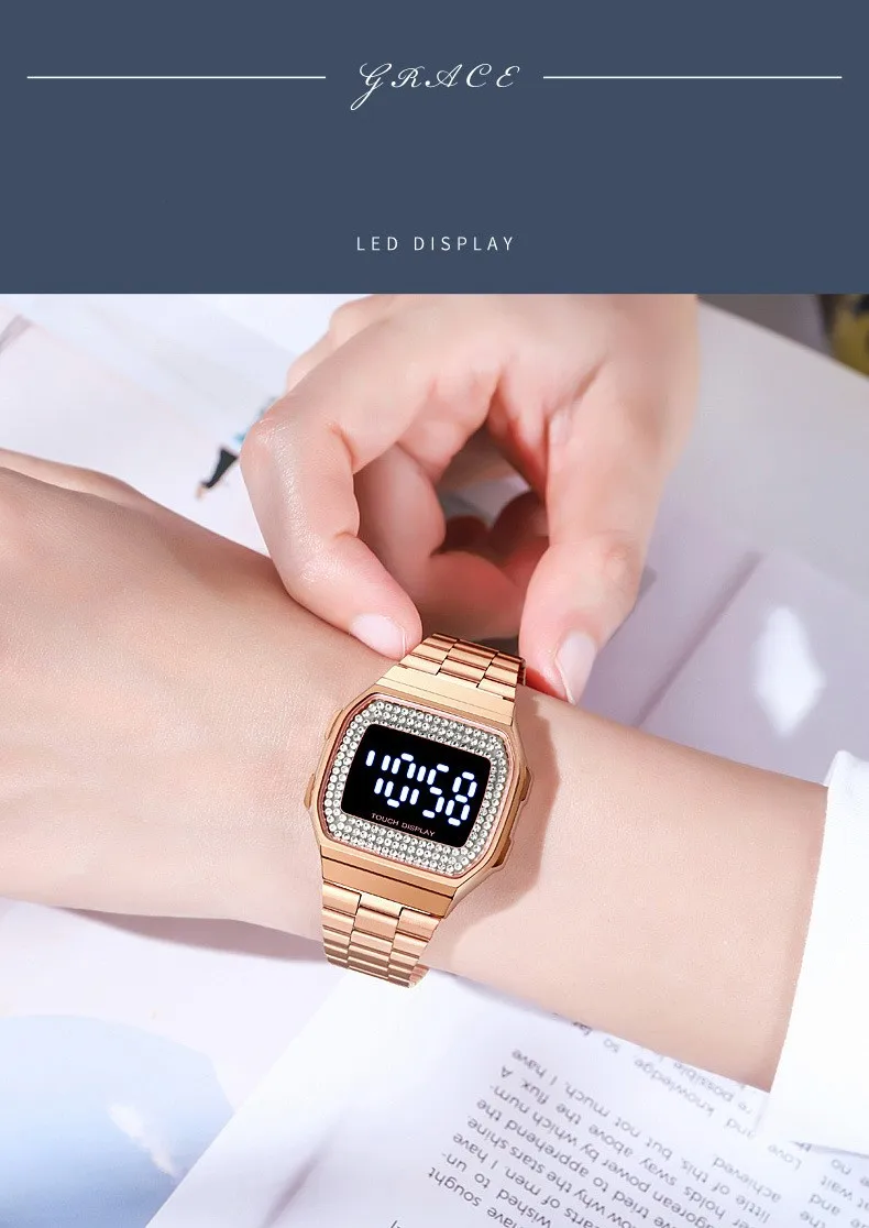 Classic Luxury Square Diamond Dial stainless steel band female LED electronic WristWatch