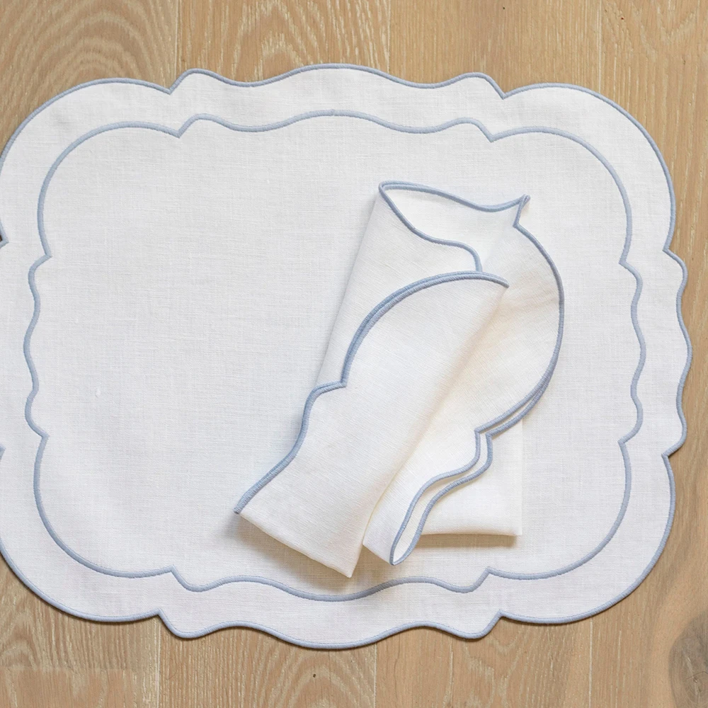 45*45cm Custom French Classic home dining table Embroidery scalloped 100% pure flax fabric Linen napkins for Wedding Hotel