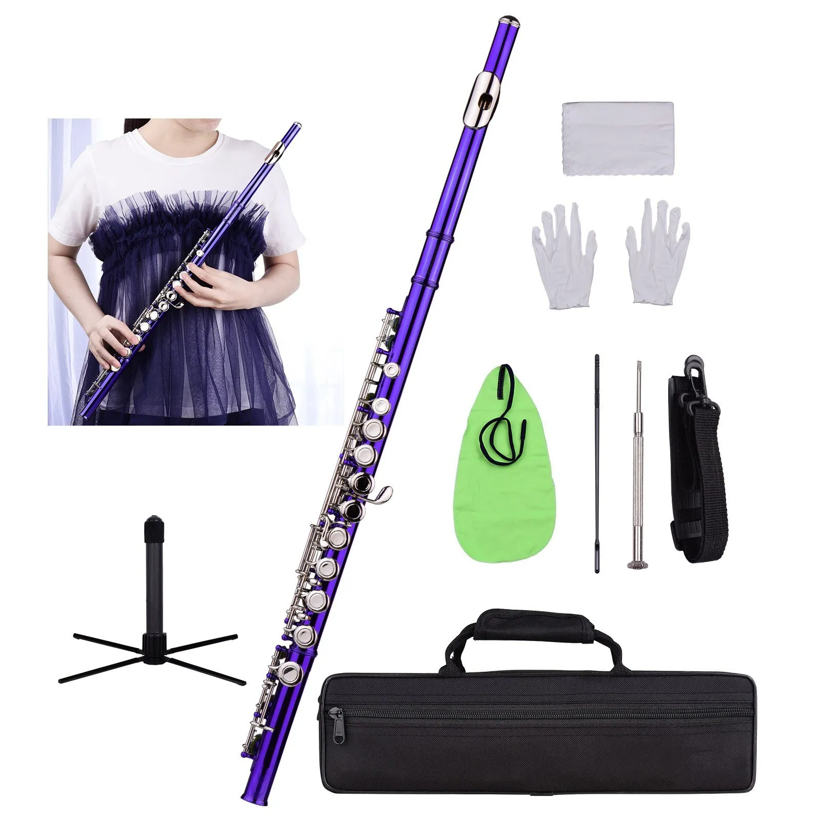 Closed Hole C Flute 16 Keys Cupronickel Nickel-plated Wind Instrument with Carry Case Flute Stand Cleaning Cloth Mini Scr