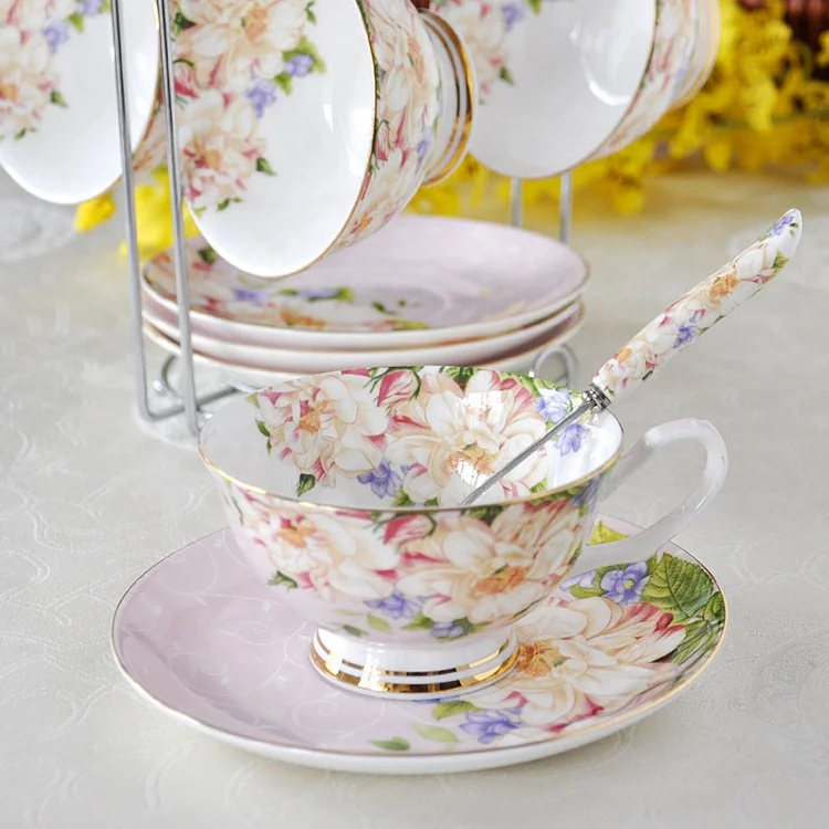 15PCS Elegance Flower Decal Tangshan Porcelain Fine Bone China Tea And Coffee Set Manufacture For Wholesale