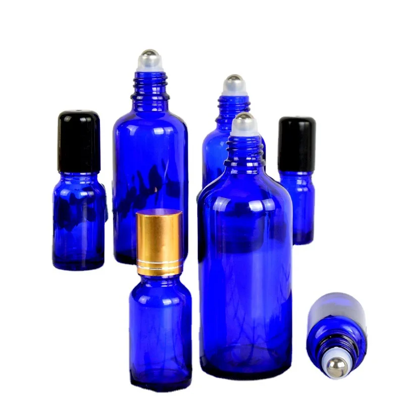 Glass ball Oil bottle blue essence cosmetic refill 5ml15ml 20ml 30ml 100ml  essential round glass bottle with plastic black lid