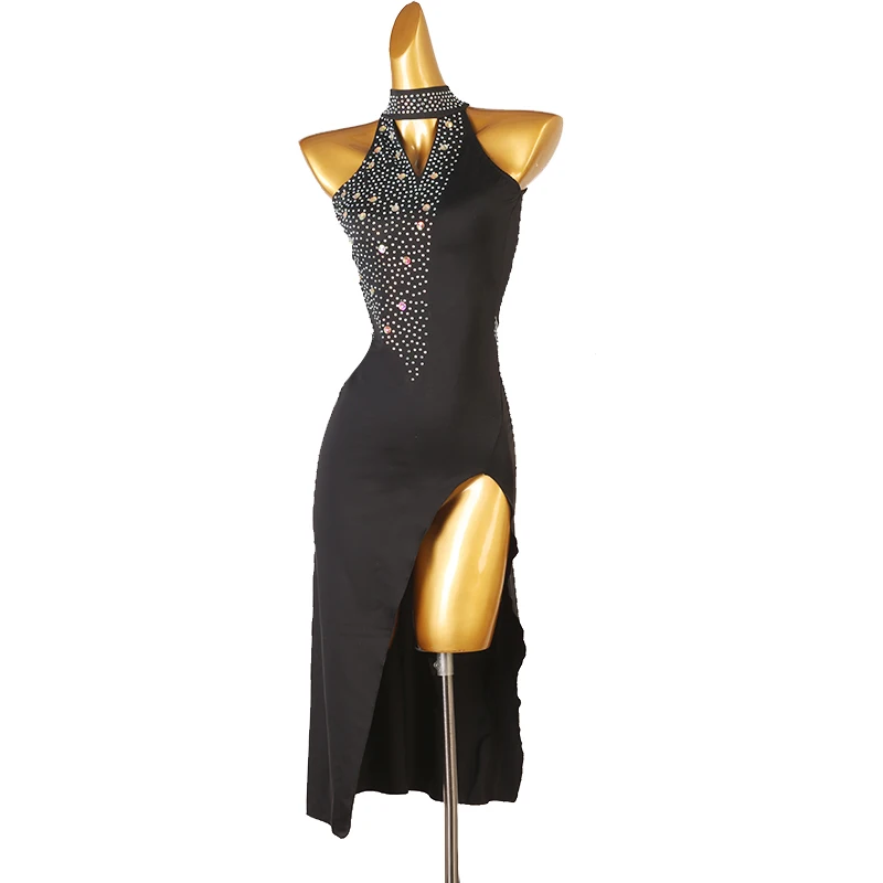 Good quality hot sales rhinestones ballroom long black sleeveless modern dance dress for adults women performance