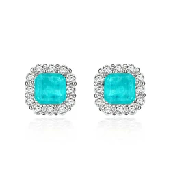 Silver Jewelry 925 Paraiba Square Crystal Paved Ear Tragus Stud Earrings Xmas Gift