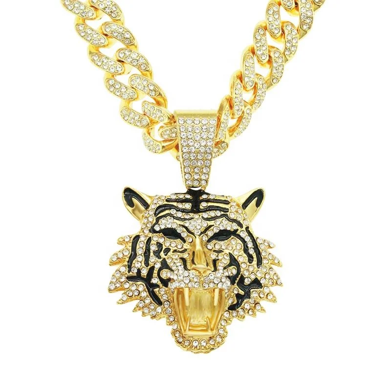 Hip hop big miami chain with alloy and full CZ oil tiger head pendant necklace