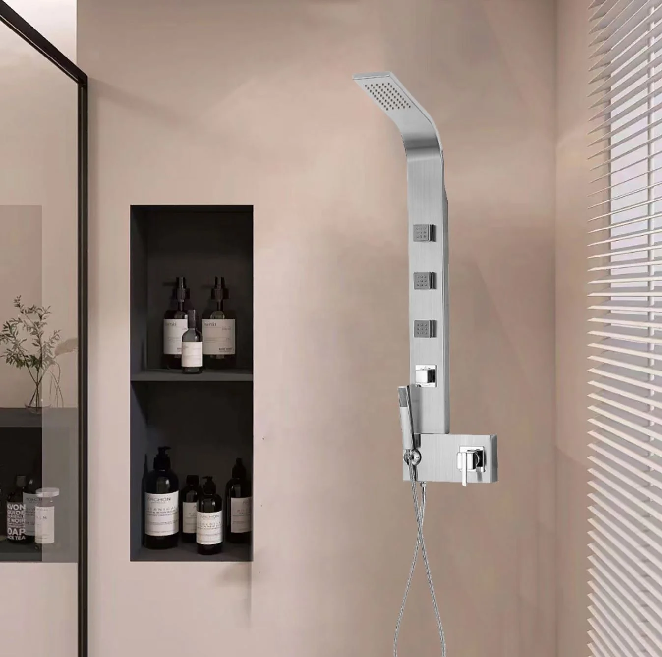 China Factory High Quality Anti Fingerprint Wire Drawing Rainshower Contains Four Thermostatic Shower Set Wall-Mounted System