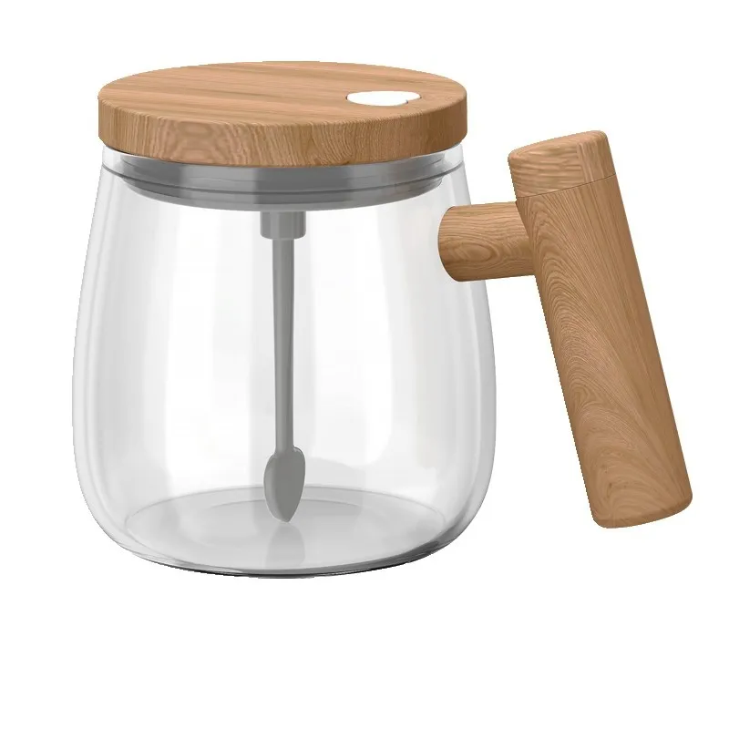 Automatic Magnetic Stirring Coffee Mug with Wood Handle Eco-Friendly Glass Mixing Tumbler Battery Milk Shake Disposable Gift Cup