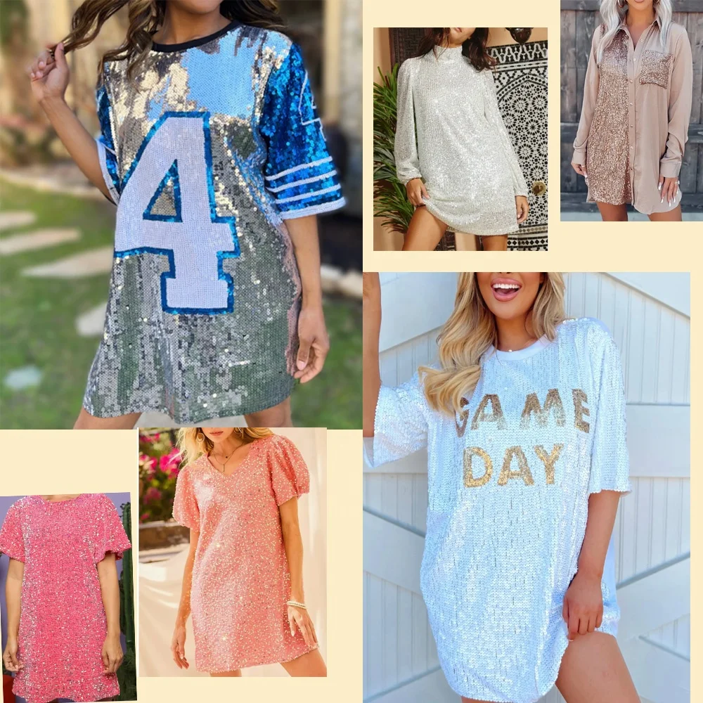 Custom boutique clothing women Black And Gold Sequin Gameday Jersey Dress For Women