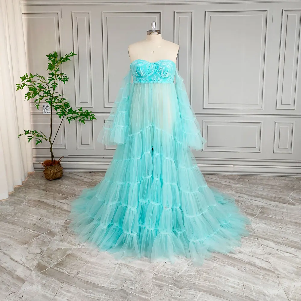 Plus Size A-line Maternity Photography Gown for Pregnant Women Open Front Detachable Puff Sleeves Pregnancy Evening Dress