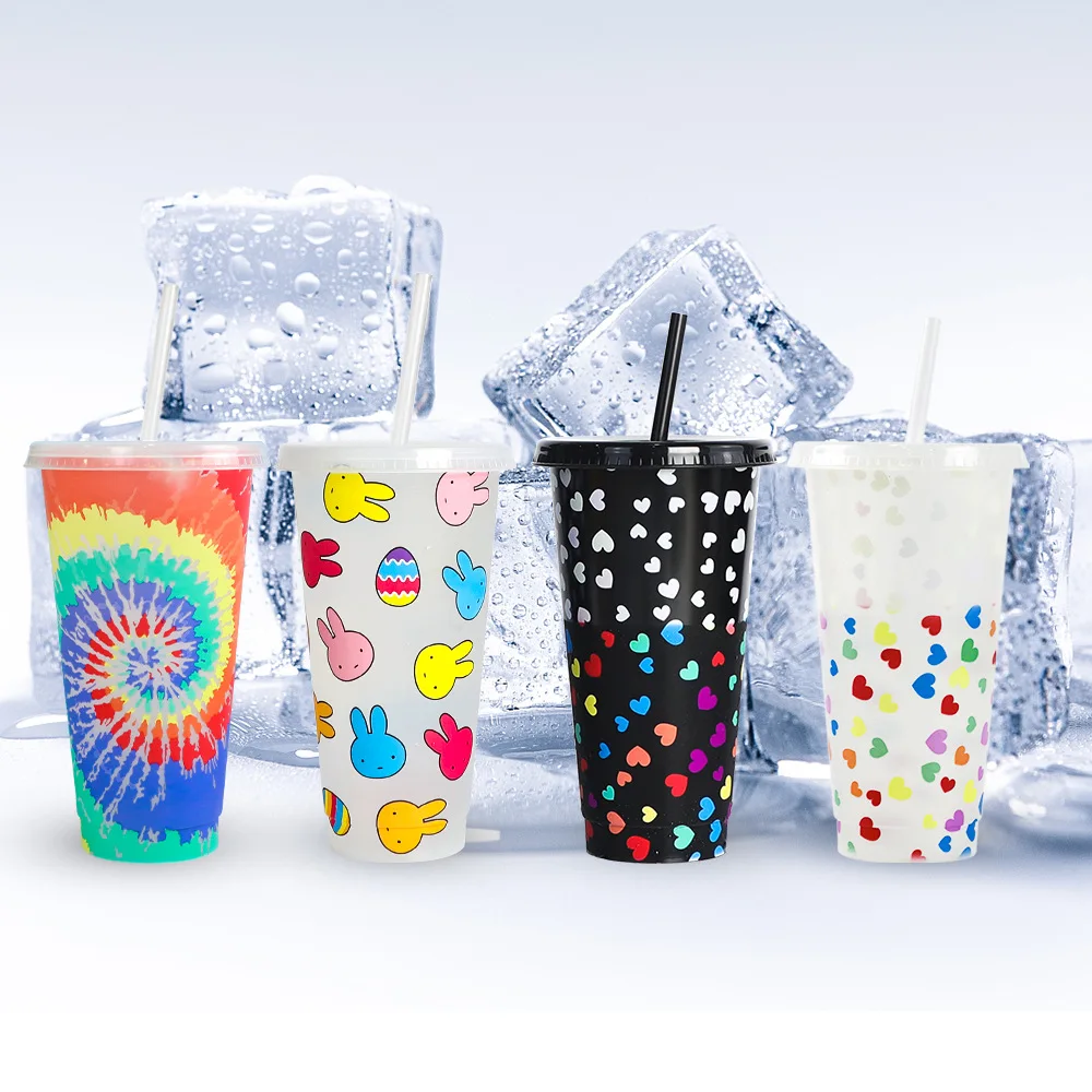 GXP Magic Drink 710ml Pp 24oz Stadium Coffee Reusable Heart Custom Cold Plastic Color Changing Cup With Lid And Straw