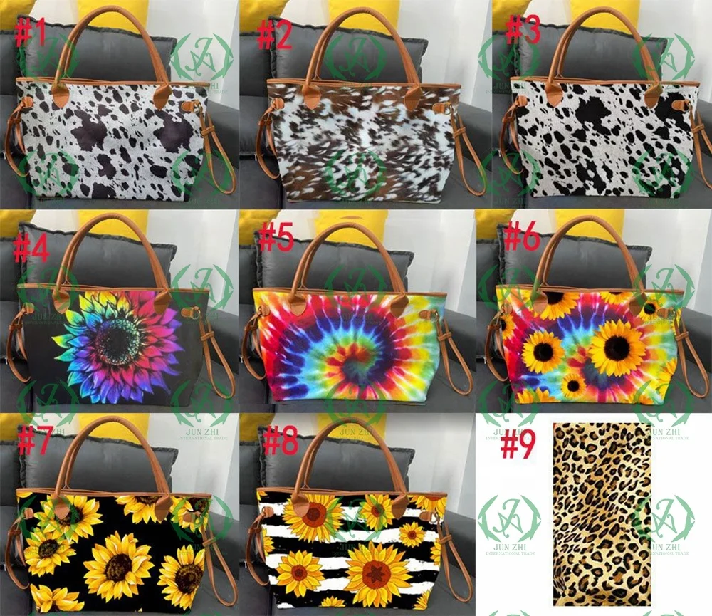 Cow Printed Leather Handbag Rainbow Tie Dye Sunflower Tote Bag