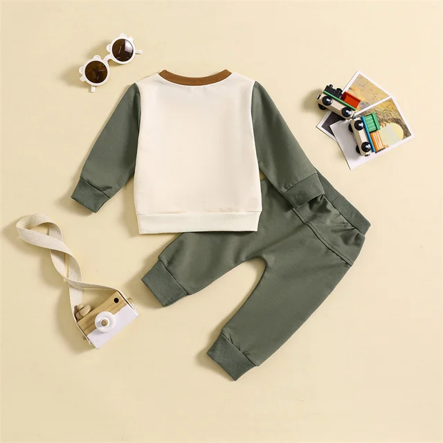 1 Pcs Custom Tag Color blocks Cotton Outfit Spring Autumn Newborn Infant Toddler Clothes Top Pants Pocket Boys Baby 2 Pieces Set