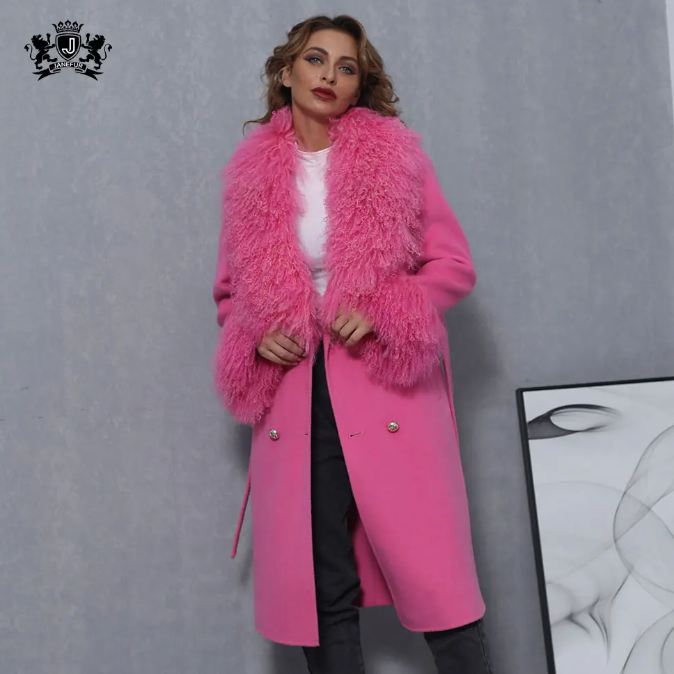 Janefur Long Women Wool Overcoat Fashion Double Faced Cashmere Coat with fluffy Mongolian Lamb Fur Collar