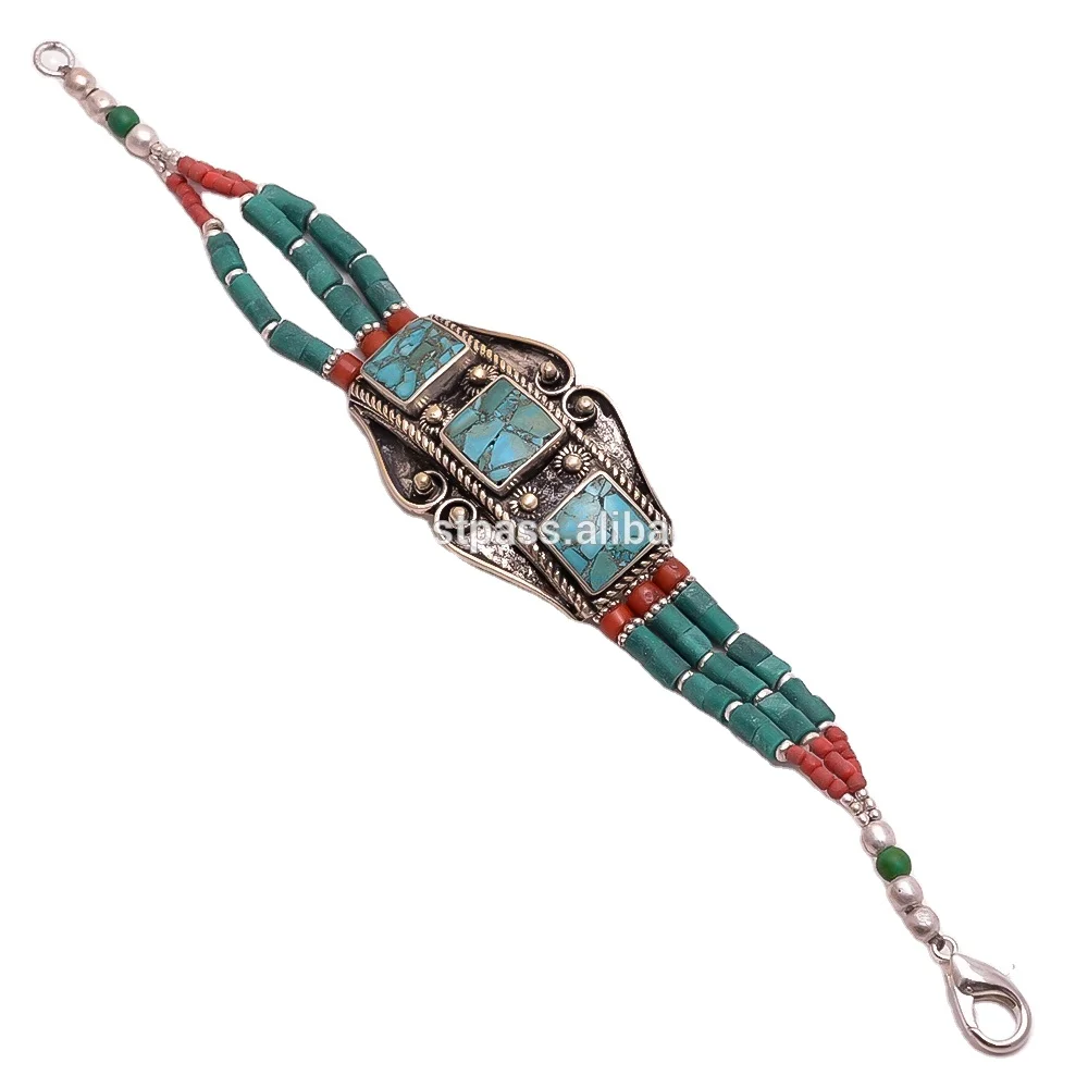 Online Wholesale Tibetan Silver Antique Style Unique Bracelet, Turquoise Coral Gemstone Jewelry, Gift item jewelry