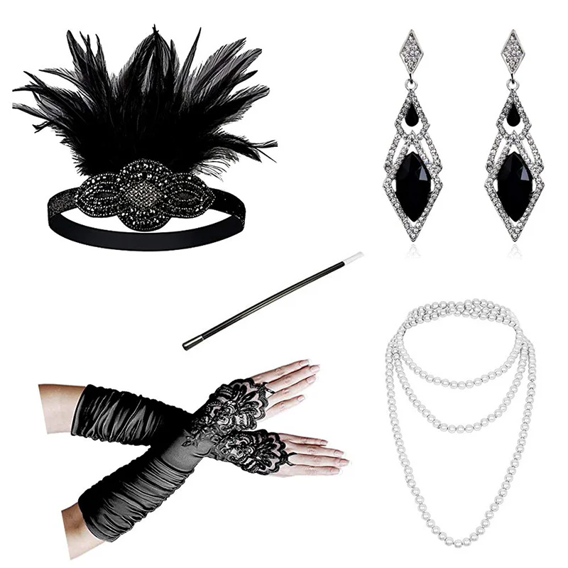 1920s Costume Accessories Fancy Dress Flapper Hairband Necklace Earrings Gloves Watch Hat And Plastic Holder Set Ecoparty