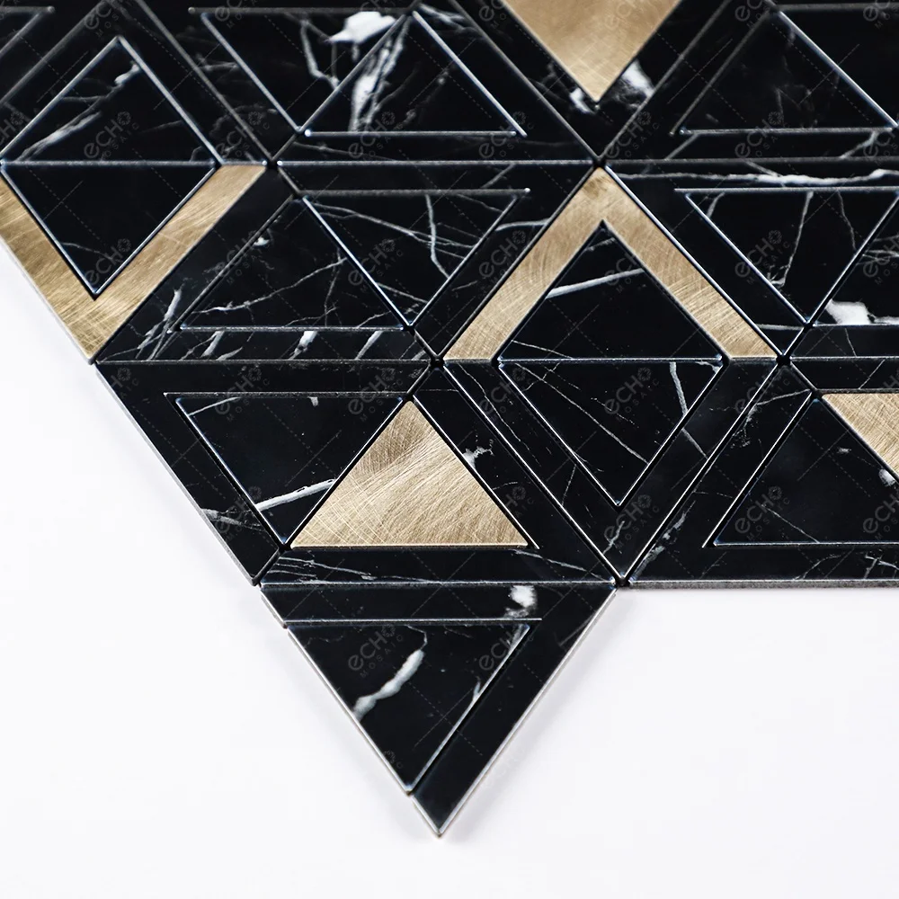 Waterjet Triangle Nero Marquina Black Marble Mixed Gold Aluminum Self Adhesive Mosaic Kitchen Backsplash Wall Tile