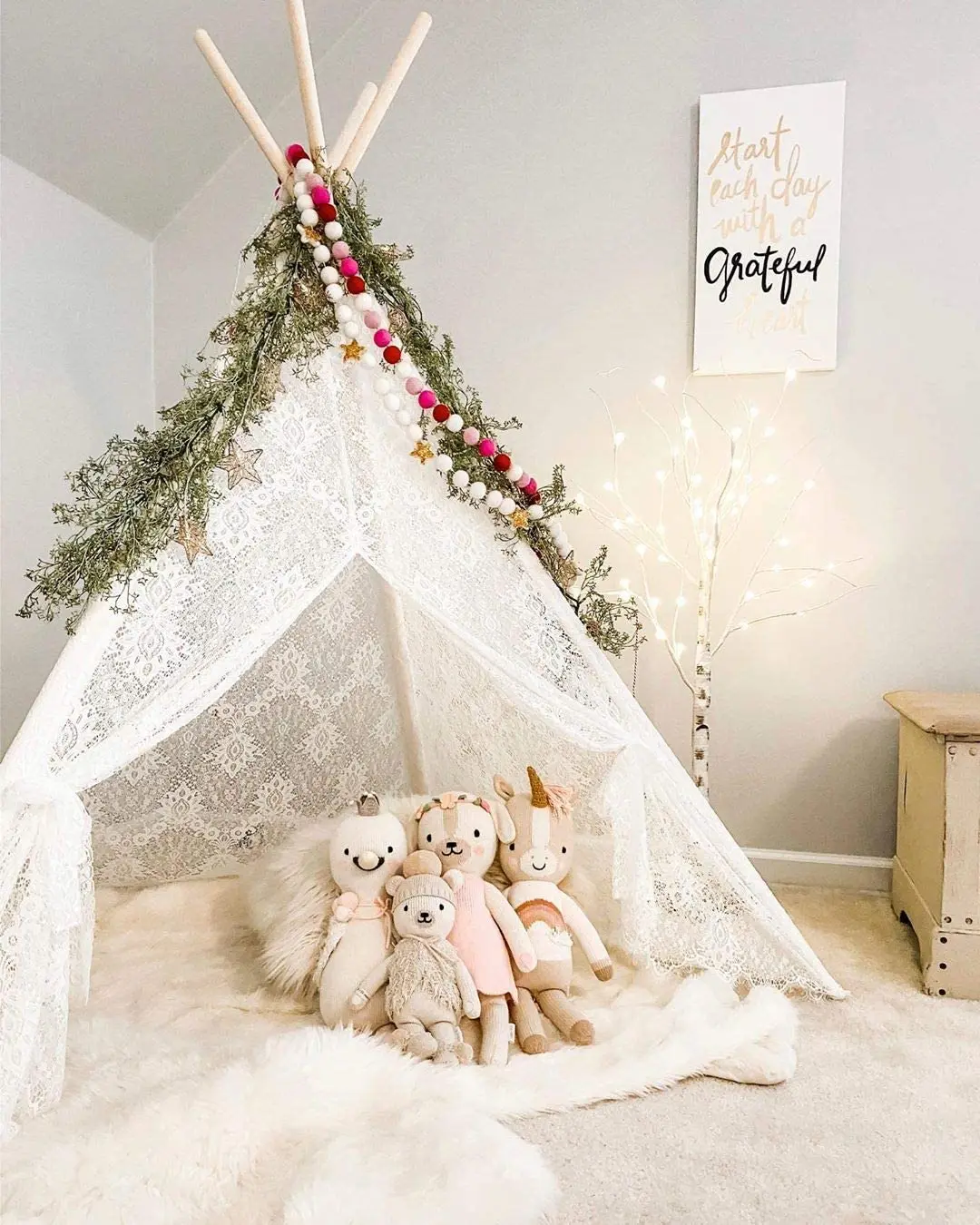 Kids Teepee Tent Lace Toy Tent Indoor&Outdoor Children Playhouse Luxury Lace Tent for Wedding Party Photo Prop Lace Canopy