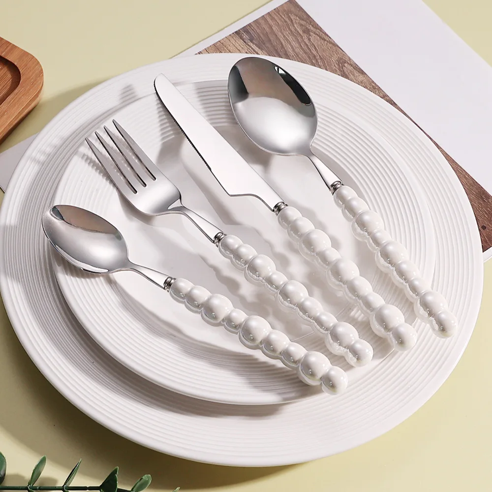 Korean Pearl Luster Ceramic Cutlery Forks Set Dinner Spoon Fork with Ceramic Handle