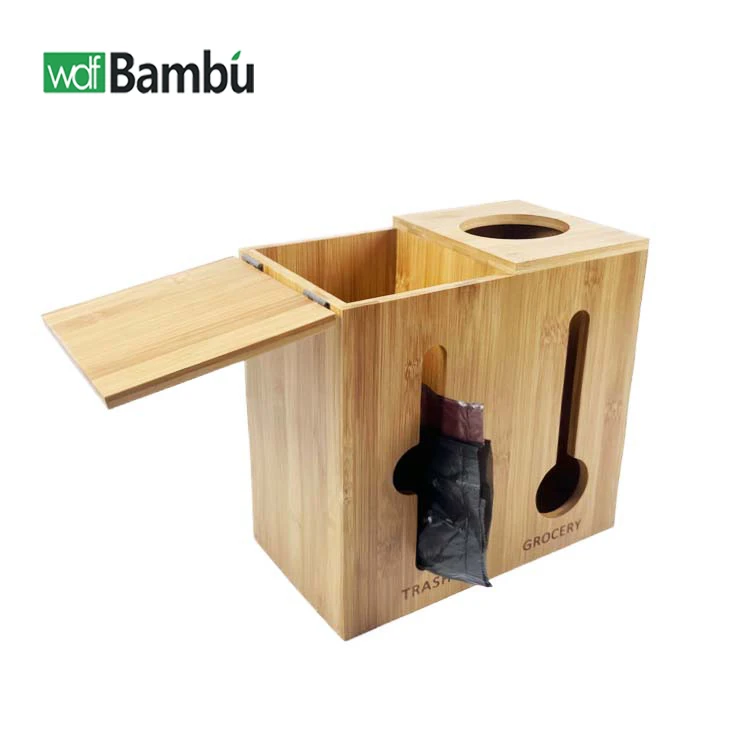 WDF New Arrival trash plastic grocery bag dispenser roll holder garbage bag organizer bamboo trash bag dispenser for kitchen use