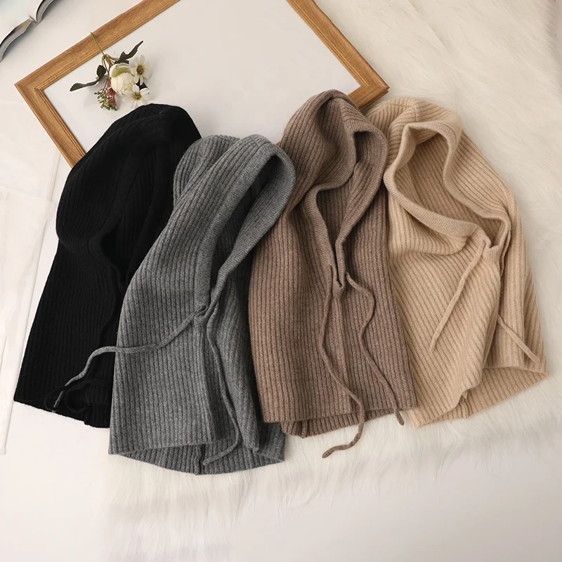 custom 100% cashmere balaclava winter hoodie hat embroidery logo luxury Fashion rib knitted warm drawstring  beanie  for women