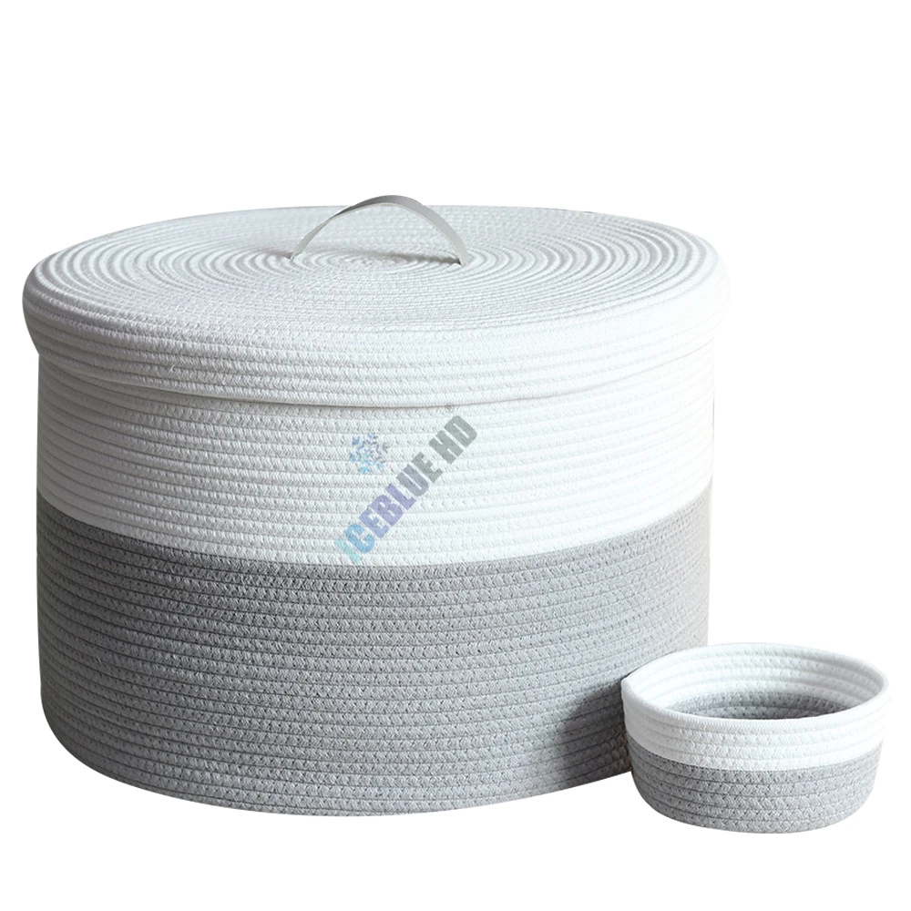 Серая белая хлопковая корзина для белья на шнурке с крышкой