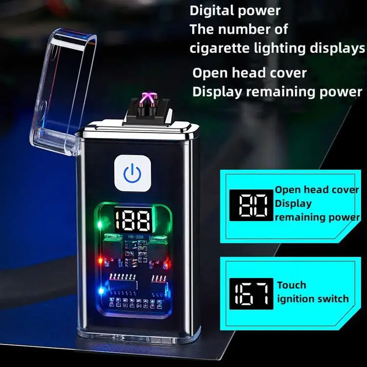 Transparent shell waterproof and windproof outdoor double arc lighter digital power display USB electronic cigarette lighter