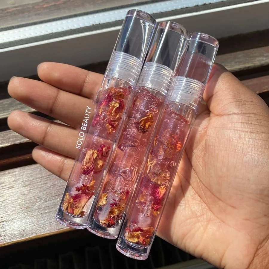 High Quality Custom Vegan Clear Plumping Lip Gloss Private Label Base Glitter Flower Fruit Lipgloss Liquid Lipstick