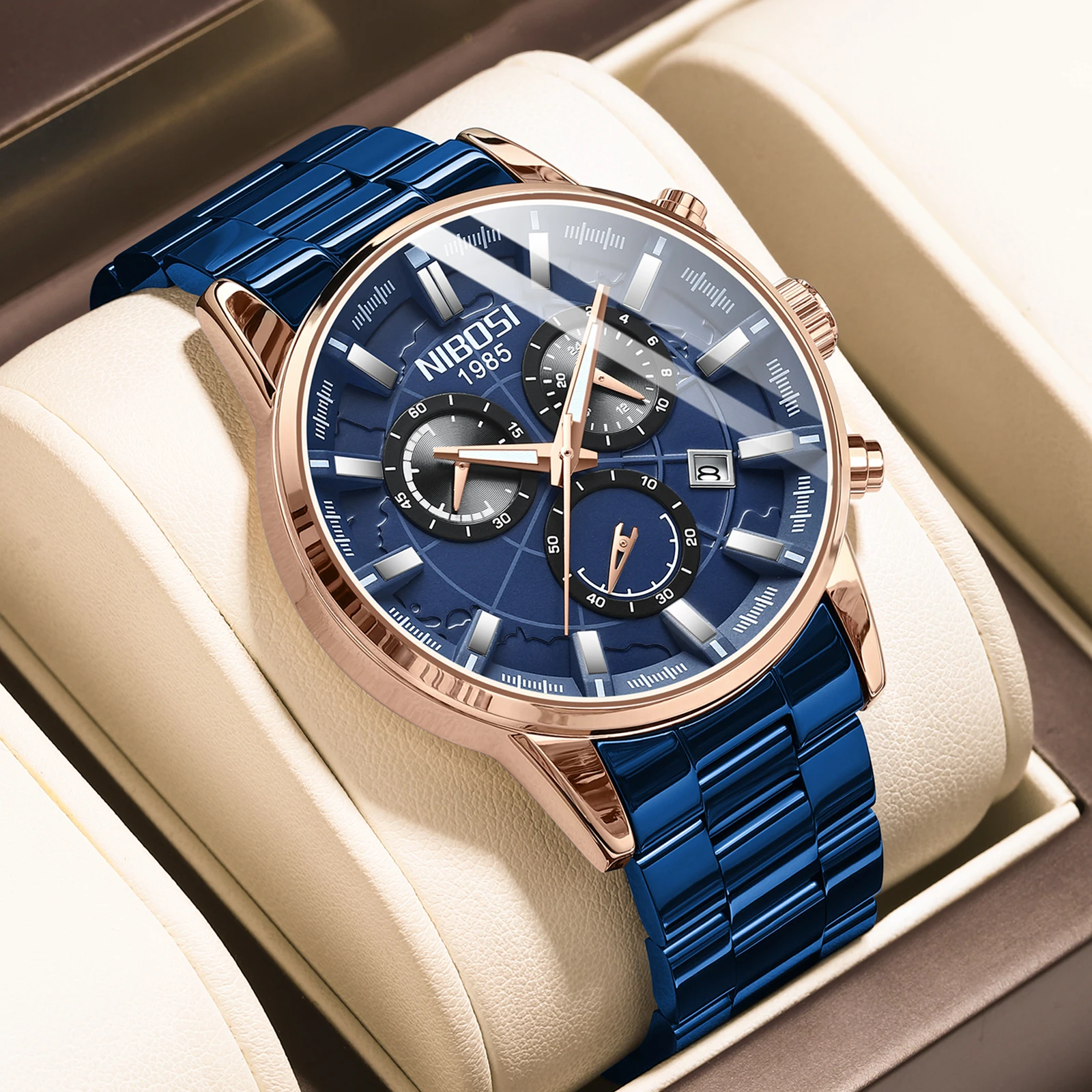 NIBOSI 2590 Mens Watches Top Brand Blue Steel Quartz 2023 Chronograph Men Watch